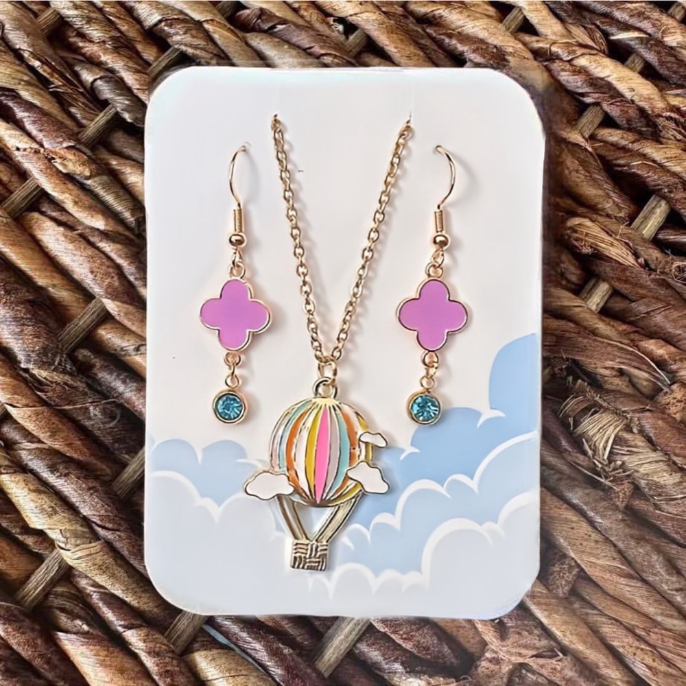 New Handmade Hot Air Balloon Necklace and Earring Set (Version D/Purple & Blue)